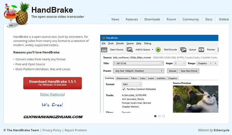 HandBrake一款开源视频转码器，免费的视频压缩软件