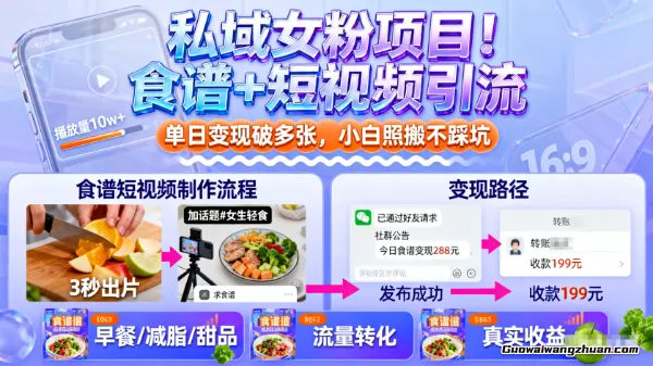私域女粉项目！食谱+短视频引流，单日变现破多张，小白照搬不踩坑