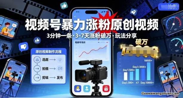 视频号曝力涨粉原创视频，3分钟一条原创视频，3-7天涨粉破万，玩法分享给你
