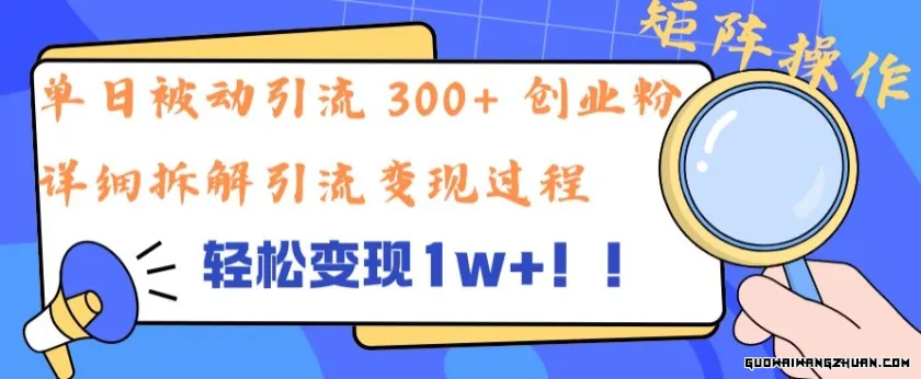 单日被动引流300+创业粉，轻松变现1w+，矩阵操作详细拆解引流变现过程