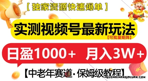 实测视频号新玩法，中老年赛道，独家资源，月入过W+【揭秘】