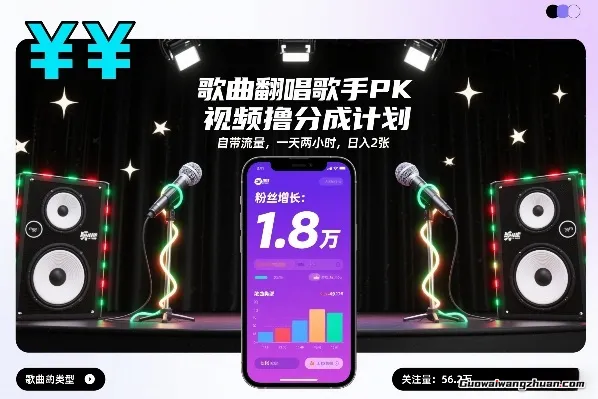歌曲翻唱歌手PK视频撸分成计划，自带流量，一天两小时，一天2张