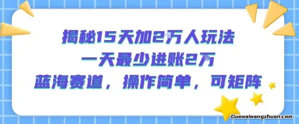 揭秘15天加2W人玩法，一天最少2万进账，蓝海赛道，操作简单，可矩阵