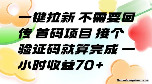 一键拉新，不需要回传，首码项目，接个验证码就算完成，一小时收益70+