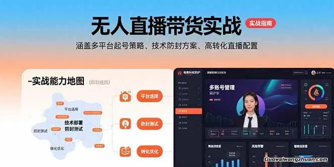 无人直播带货实战，涵盖多平台起号策略、技术防封方案、高转化直播配置