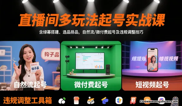 直播间多玩法起号实战课：含绿幕搭建、选品排品，自然流/微付费起号及违规调整技巧