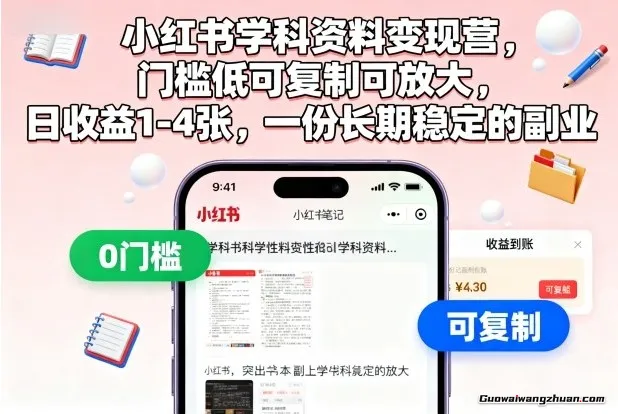 小红书学科资料变现营，门槛低可复制可放大，日收益1-4张，一份长期稳定的副业