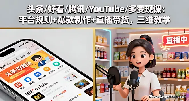 头条/好看/腾讯/YouTube/多变现课：平台规则+爆款制作+直播带货，三维教学
