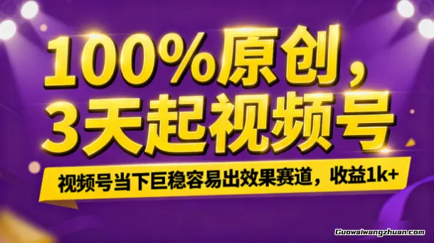 100%原创，3天起视频号，视频号当下巨稳容易出效果赛道，收益1k+