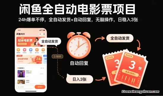 闲鱼全自动电影票项目，24h爆单不停，全自动发货+自动回复，无脑操作，日稳入3张【揭秘】