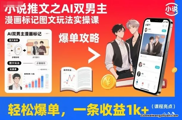 小说推文：AI双男主漫画标记，图文玩法实操课，轻松爆单，一条收益1k+