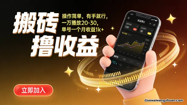 搬砖撸收益，操作简单，有手就行，一万播放20-30，单号一个月收益1k+