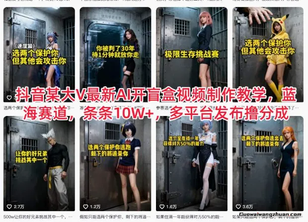 抖音某大V全新AI开盲盒视频制作教学，蓝海赛道，条条10W+，多平台发布撸分成