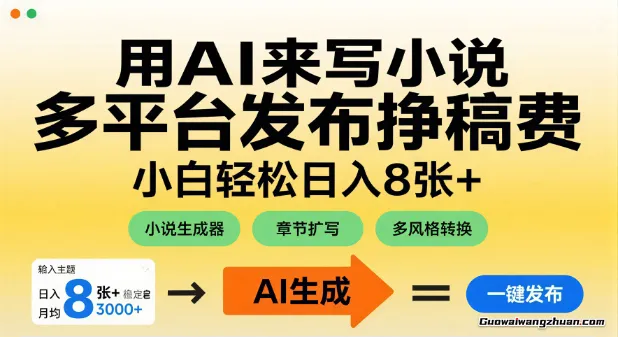 用AI来写小说，多平台发布挣稿费，小白轻松日挣8张+，长期稳定