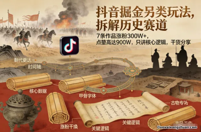 抖音掘金另类玩法，拆解历史赛道，7条作品涨粉300W+，点赞量高达900W，只讲核心逻辑，干货分享
