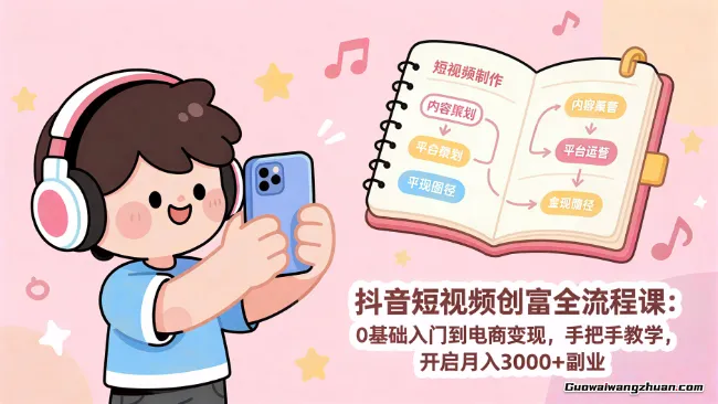 抖音短视频创富全流程课：0基础入门到电商变现，手把手教学，开启月入3000+副业