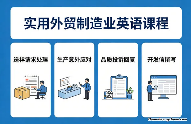 实用外贸制造业英语课程，教你专业处理送样请求、应对生产意外、回复品质投诉、撰写开发信等