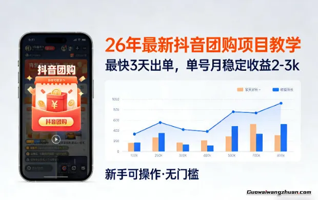 26年抖音团购项目教学，0门槛，快的3天出单，单号月收益2-3k