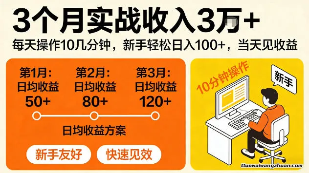 3个月实战收入3W+，每天操作10几分钟，新手单日1张+，当天见收益【揭秘】