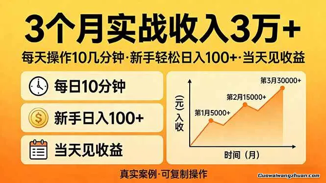 3个月实战收入3万+，每天操作10几分钟，新手轻松单日100+，当天见收益