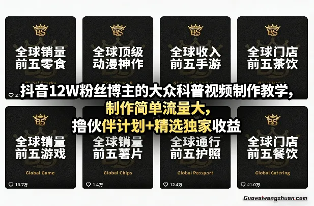 抖音12W粉丝博主的大众科普视频制作教学，制作简单流量大，撸伙伴计划+精选独家收益