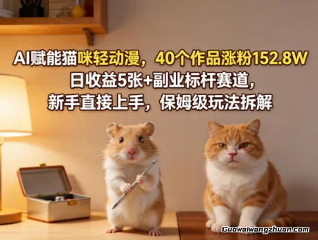 AI赋能猫咪轻动漫，40个作品涨粉152.8W，日收益5张+副业标杆赛道，新手直接上手，保姆级玩法拆解