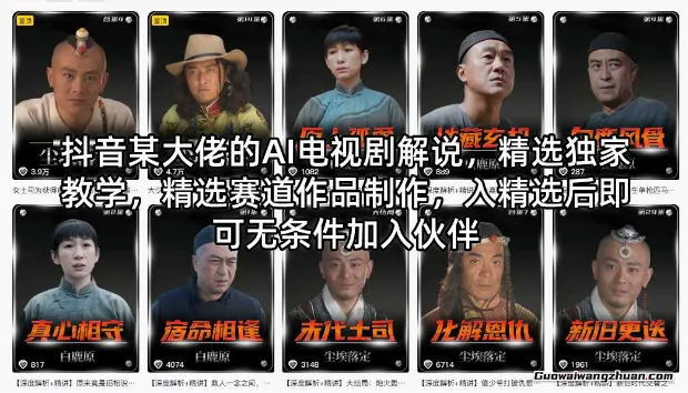 抖音某大佬的AI电视剧解说，精选独家教学，精选赛道作品制作，入精选后即可无条件加入伙伴