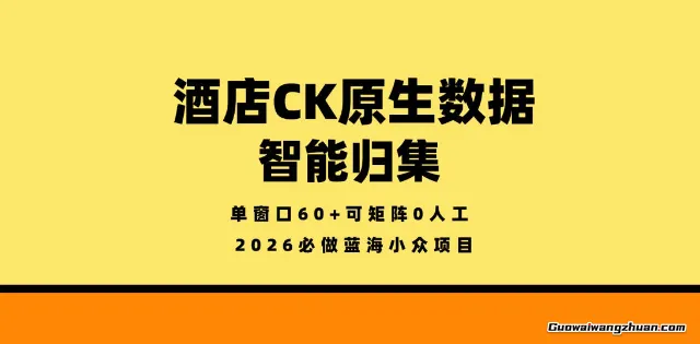 酒店CK原生数据智能归集，单窗口60+可矩阵0人工，2026必做蓝海小众项目