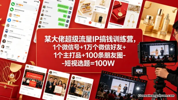 某大佬超级流量IP搞钱训练营，1个微信号+1万个微信好友+1个主打品+100条朋友圈-短视选题=100W
