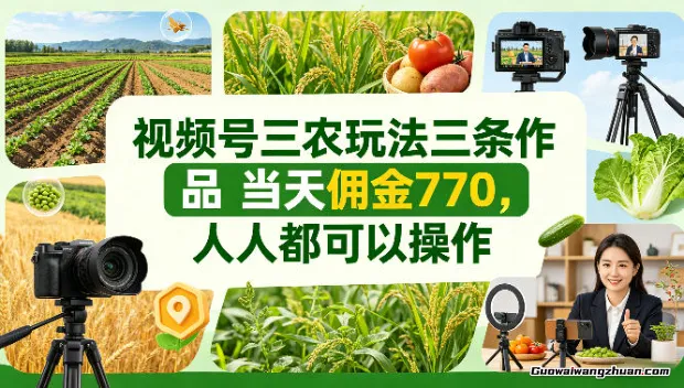 视频号三农玩法三条作品当天佣金770，人人都可以操作