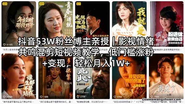 抖音53W粉丝博主亲授！影视情绪共鸣混剪短视频教学，低门槛涨粉+变现，轻松月收1W+
