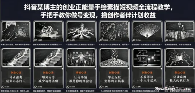 抖音某博主的创业正能量手绘素描短视频全流程教学，手把手教你做号变现，撸创作者伙伴计划收益