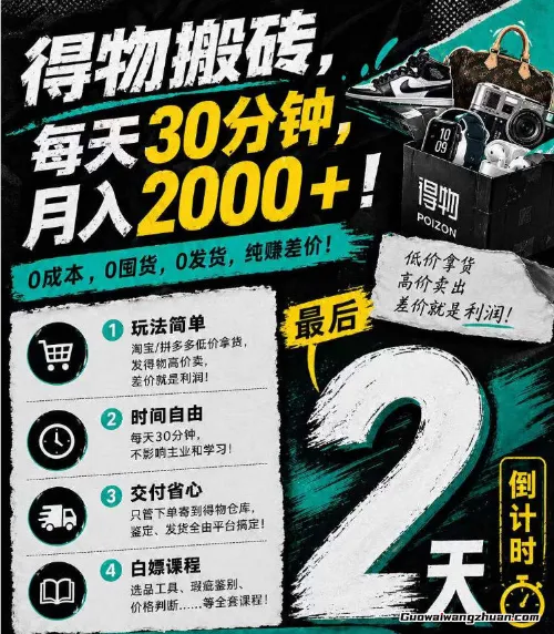 得物搬砖，快速起步每天30分钟，月收2000+，0囤货0发货，纯赚差价