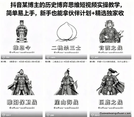 抖音某博主的历史博弈思维短视频实操教学，简单易上手，新手也能拿伙伴计划+精选独家收益